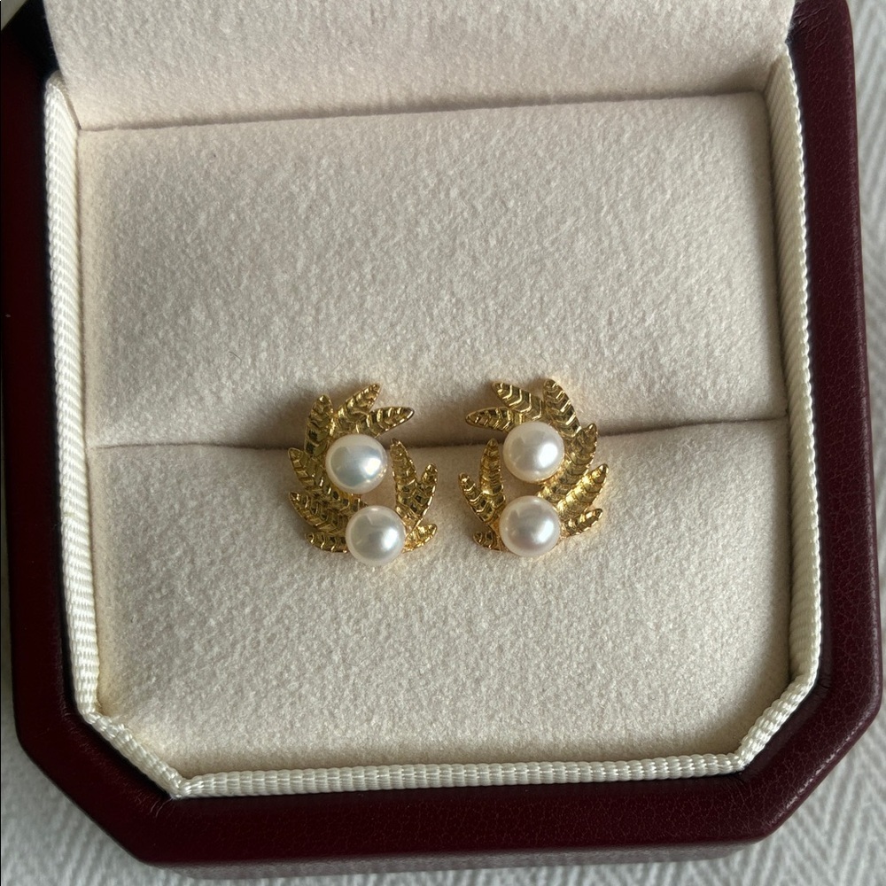 Gold Leaf Pearl Earrings | Sterling Silver Posts |Christmas Gift for Her